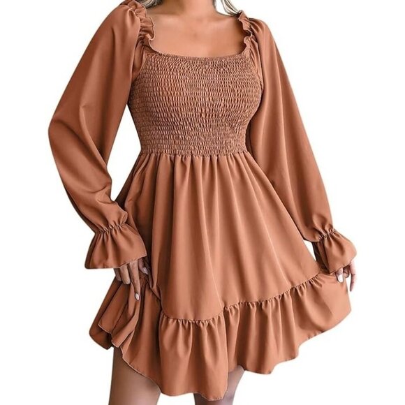 Long sleeve ruched dress in rust orange with ruffled hem, polyester. Size XL NWT - Picture 2 of 10